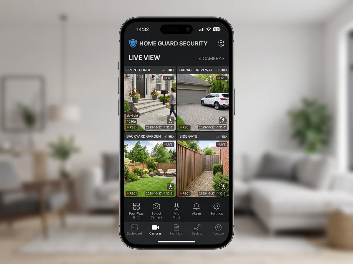 Smartphone app displaying 4-channel simultaneous split-screen video feeds