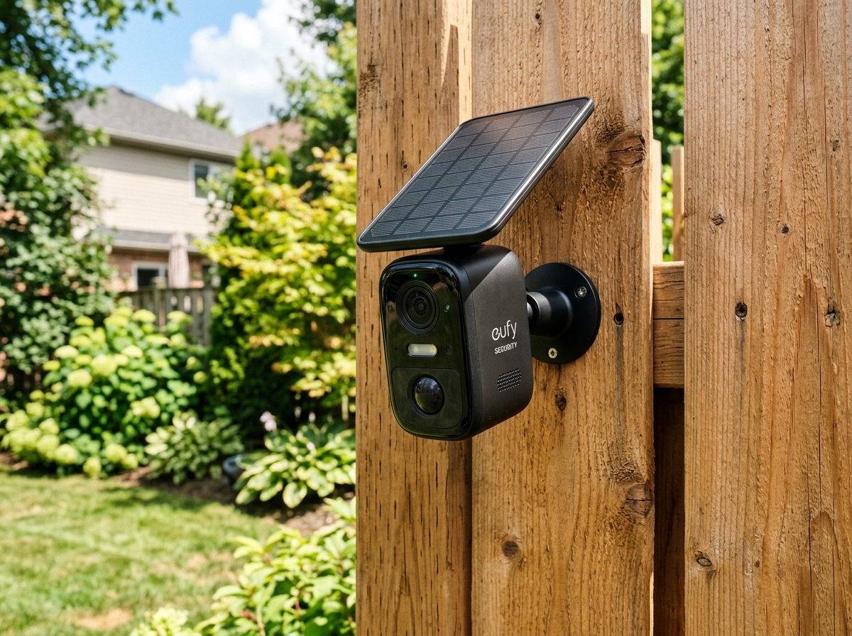 Compact aosu T2 Pro solar camera mounted cleanly on a wooden fence