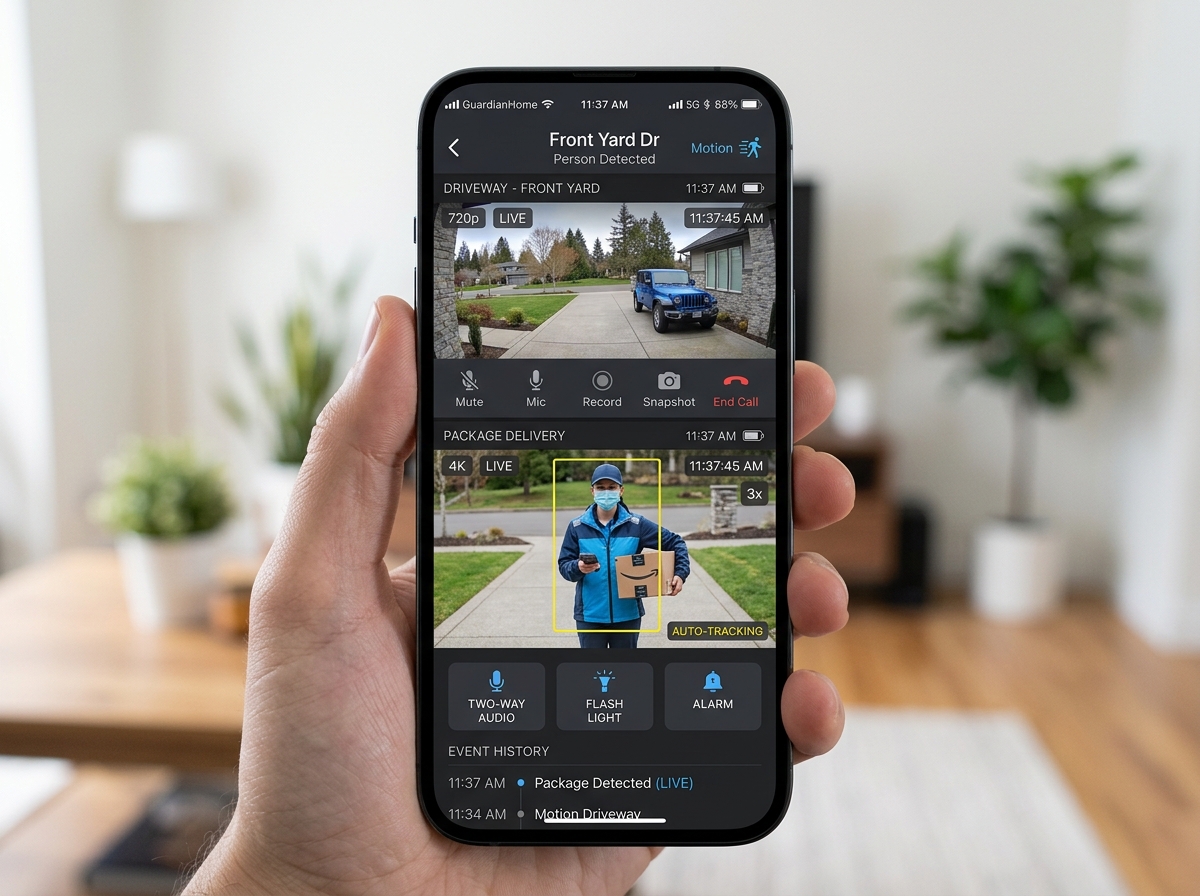 Smartphone Picture-in-Picture screen showing panoramic overview and telephoto auto-zoom