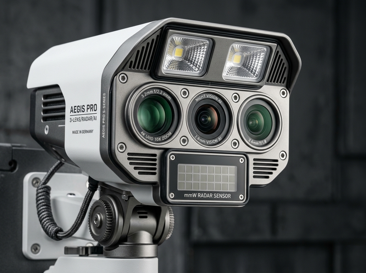 Studio close-up of eufy S4 triple-lens camera module and mmWave radar