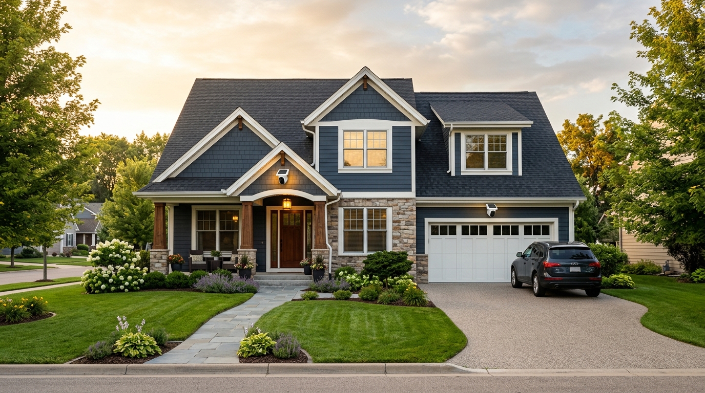 Modern American suburban home protected by wireless outdoor solar security cameras